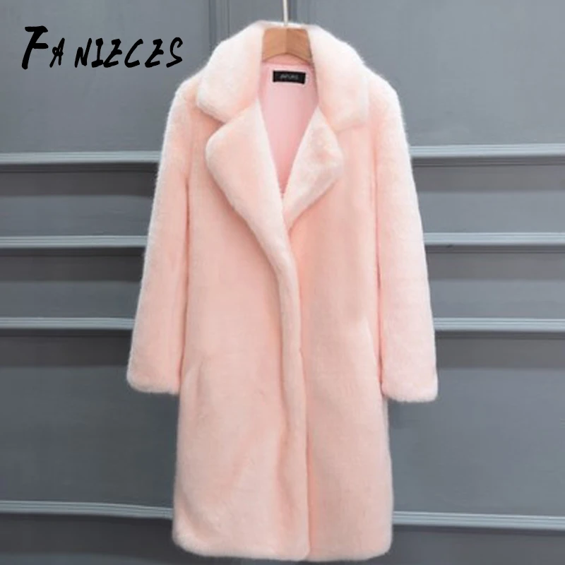 Элегантное розовое мохнатое женское длинное пальто из искусственного меха уличная осенне-зимняя теплая плюшевая шуба роскошное Женское пальто вечерние верхняя одежда