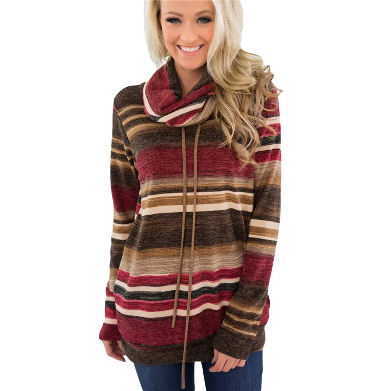 Водолазка свитер женский осенний свитер с длинным рукавом Полосатый многоцветный Повседневный пуловер со шнуровкой вязаный свитер туника