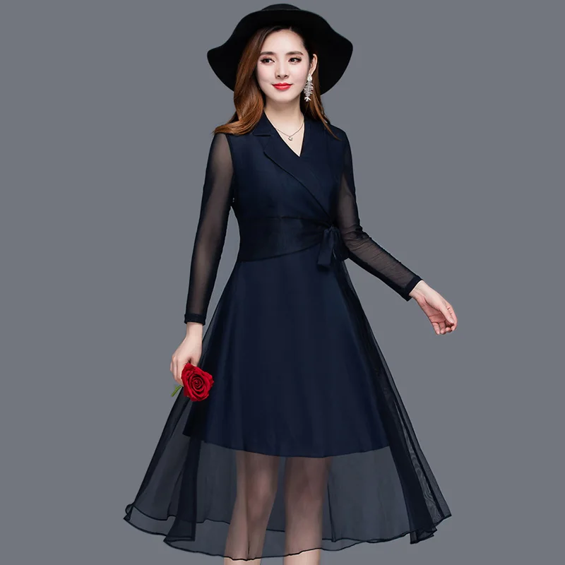 

Navy Blue Long Sleeve Dress Women Autumn Tide Vintage V-Neck Dress Elegant Mesh Knee-Length Dress Women