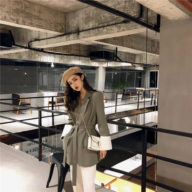 

South Korea Dongdaemun Retro Hong Kong Flavor Elegant Mixed Colors Slimming Solid Color Suit Collar Coat with Belt Fashion