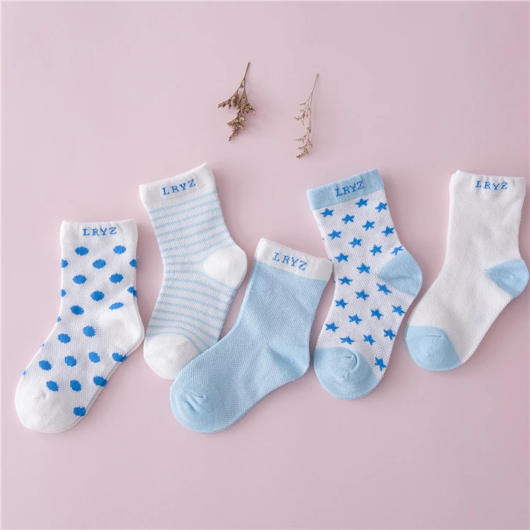 5 пар = 10 шт./лот, носки для малышей летние хлопковые носки для новорожденных, в горошек, в полоску, детские носки для мальчиков и девочек возрастом от 1 года до 3 лет - Цвет: light blue