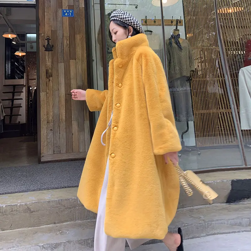 Winter Faux Fur Coat Women Korean Stand Collar Loose Oversized Warm Fur Jacket Female Fashion Big Hem Long Fur Coat Women