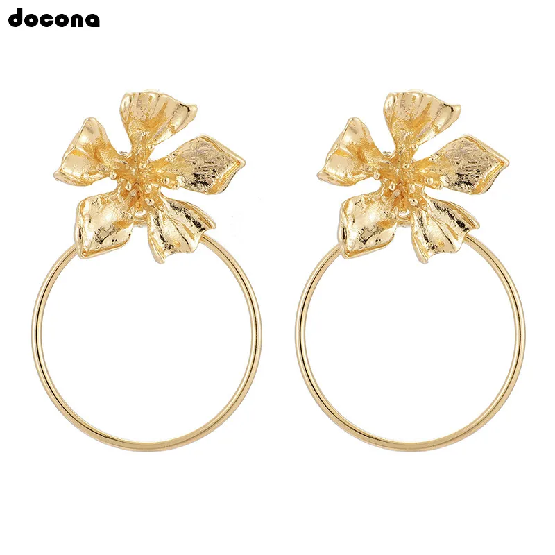 Docona элегантный золотой цветок круг висячие серьги в виде капель с кристаллами