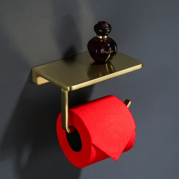 

Toilet Paper Holder Zinc alloy Roll Holder Brushed Bathroom Accessories Gold Wall Mounted Rack With Phone/Glasses Storage Shelf