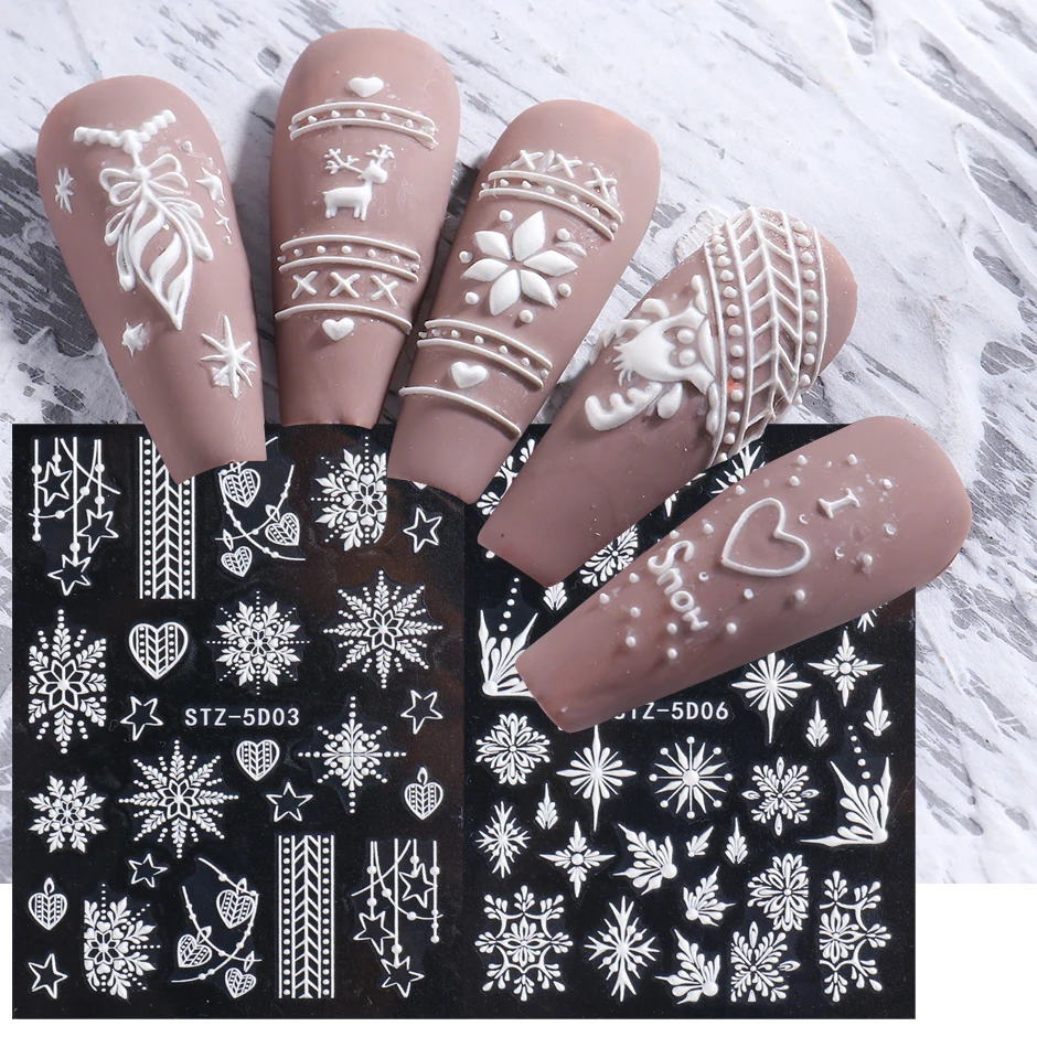 5D Winter Christmas Nail Art Decoration Sticker Embossed Charms Snowflakes French Nail Design Gel Polish Manicure Decals nail stickers nail art decoration nail decals