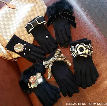 

Pearl flower bow cashmere finger warm gloves women plus velvet touch screen mitten