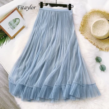 

Fitaylor Spring Elegant Party Pleated Skirt Women High Waist Long Tulle Fairy Skirt Slim Female Ruffled Elastic Waist Skirts