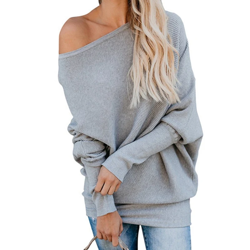 

Off shoulder Pullover Womens Slash Neck Knitted Sweater Female Long Sleeve Loose Jumpers Oversized Sweater