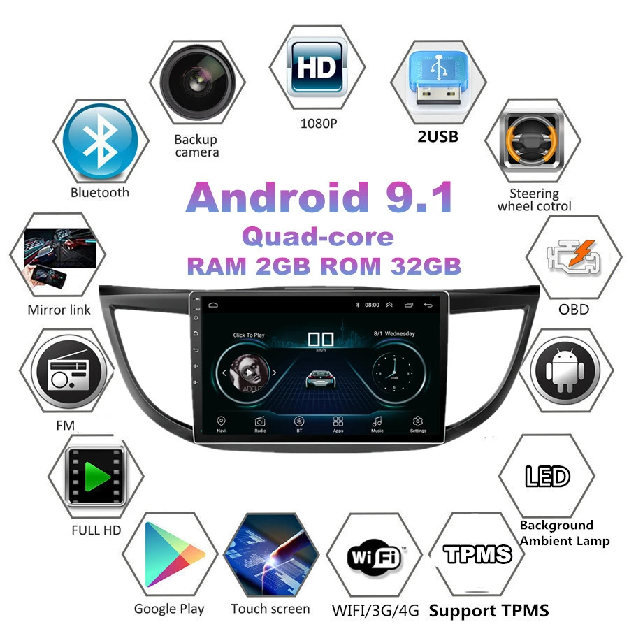 

10.1'' Car Stereo For Android 9.1 Quad-core RAM 2GB + 2GB Radio WIFI BT Mirror Link OBD For Honda CRV 2012-2016 with CANBUS