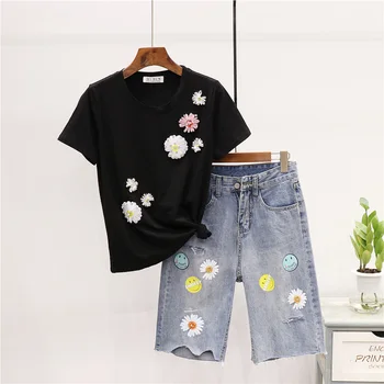 

Summer Casual Women Set Print Cotton T shirt + Denim Knee Length Pants Suit Loose Pink T-shirt Wide Leg Jeans Pants 2pc Female