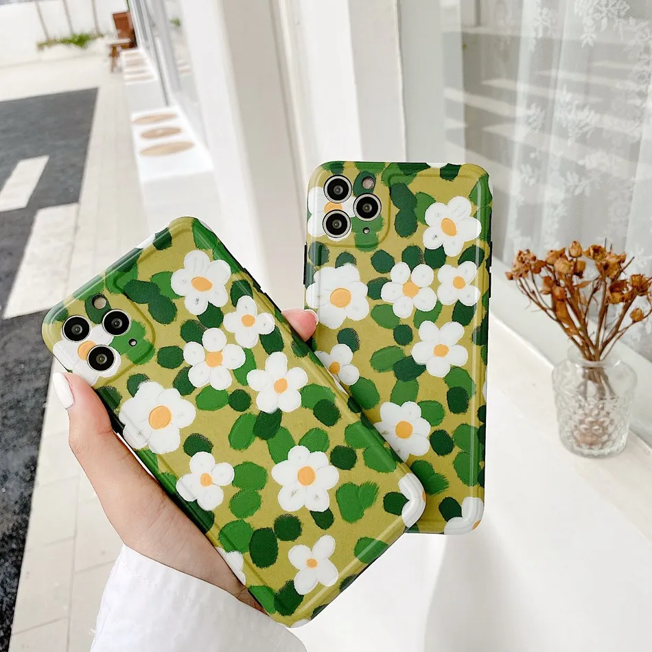 

For iPhone 11 Pro XS Max XR X Case Cute 3D Fashion Green Daisy Pattern Phone Case For iPhone SE 8 7 Plus Soft Shockproof Cover