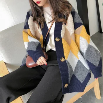 

2020 Sweaters Autumn Single Breasted Winter Cardigans Casual Plaid Fashionable V-Neck Loose Puff Sleeve Women's