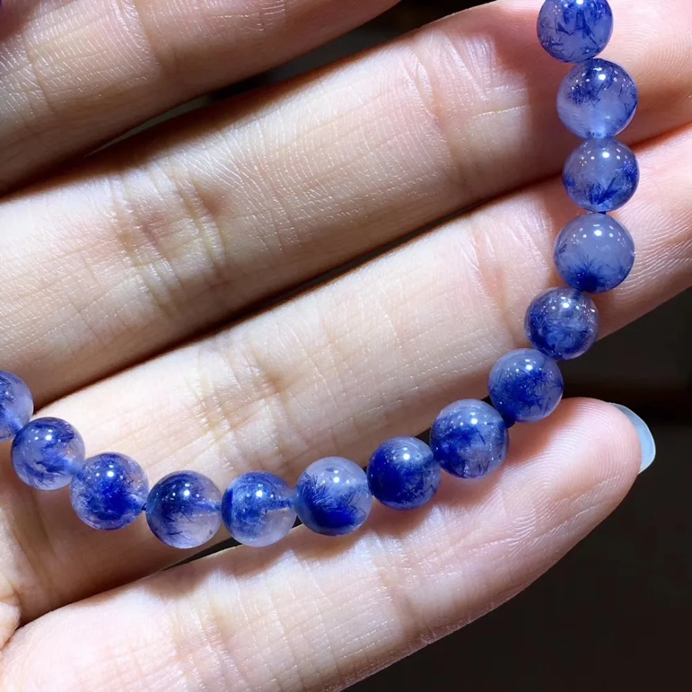 Natural Blue Dumortierite Quartz Rutilated Round Crystal Women 6mm Clear Beads Stone Bracelet From Brazil Certificate AAAAA