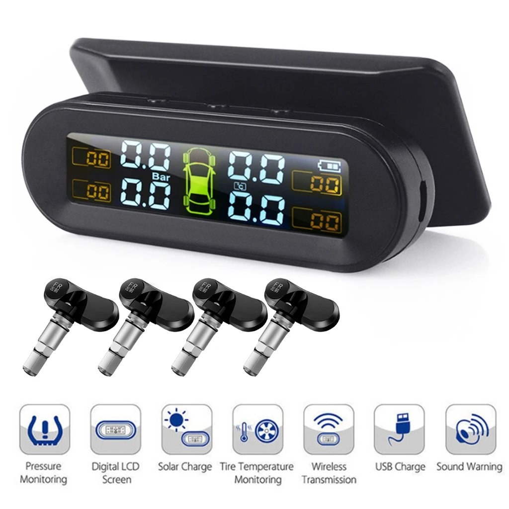 Car Tire Pressure Monitor + IPX-7 Sensors Solar Power TPMS for RV Black