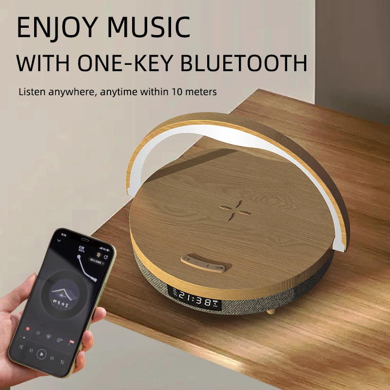 Πολυλειτουργικό ηχείο bluetooth για κινητό τηλέφωνο ασύρματος φορτιστής επιφάνειας εργασίας βάση ήχου νυχτερινό φως μουσικής λάμπα γραφείου ώρα ξυπνητήρι_voghion.com
