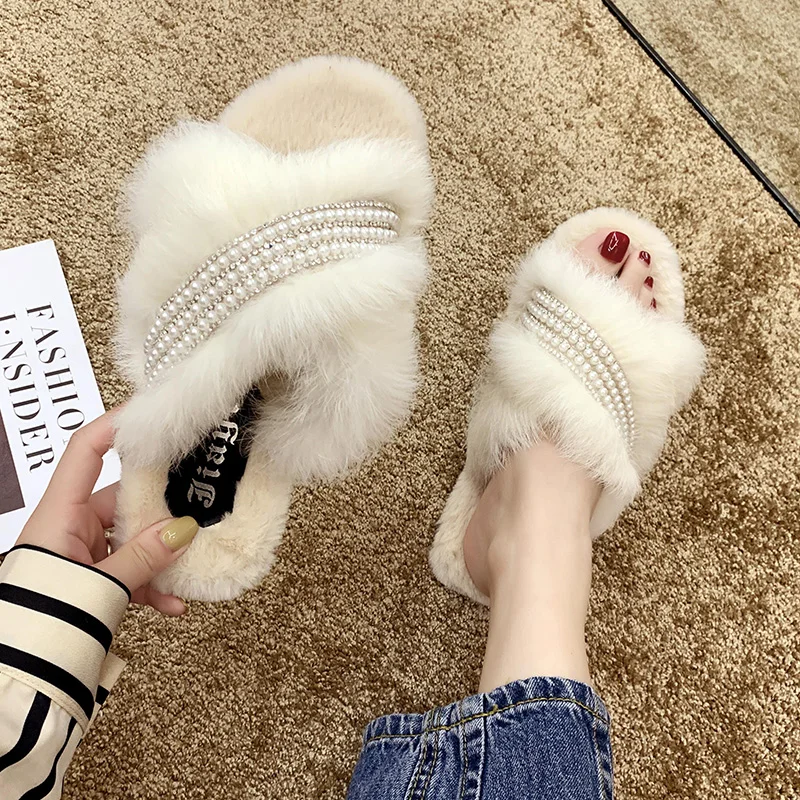 

Shoes Without Heel Glitter Slides Ladies' Slippers Fashion Pokemon Plush String Bead Flat Jelly 2019 Luxury Fur Autumn Fabric