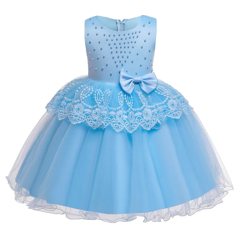 Детское элегантное платье для дня рождения, украшенное бусинами и цветами; детское праздничное платье принцессы на день рождения для девочек; одежда для маленьких девочек - Цвет: sky blue