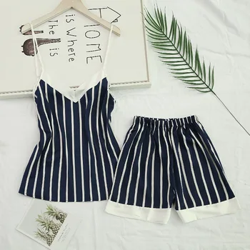 

Lady Sexy Sleepwear Sleep Set Striped Intimate Lingerie Satin 2PCS Strap Top&Shorts Nightwear Summer New Pajamas Suit Robe Gown