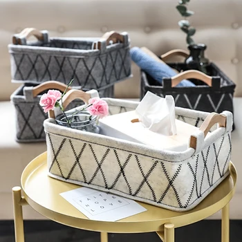 

Felt Storage Basket Toys Remote Control Storage Baskets with Wooden Handle Dirty Clothes Bags Living Room Coffee Table Organizer