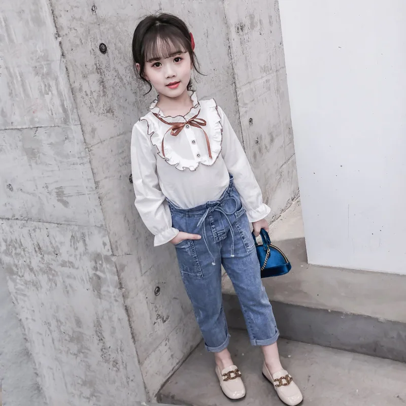 

Cn5232 GIRL'S Suit 2019 Autumn New Style Korean-style Shirt Jeans Two-Piece Set Big Boy Set