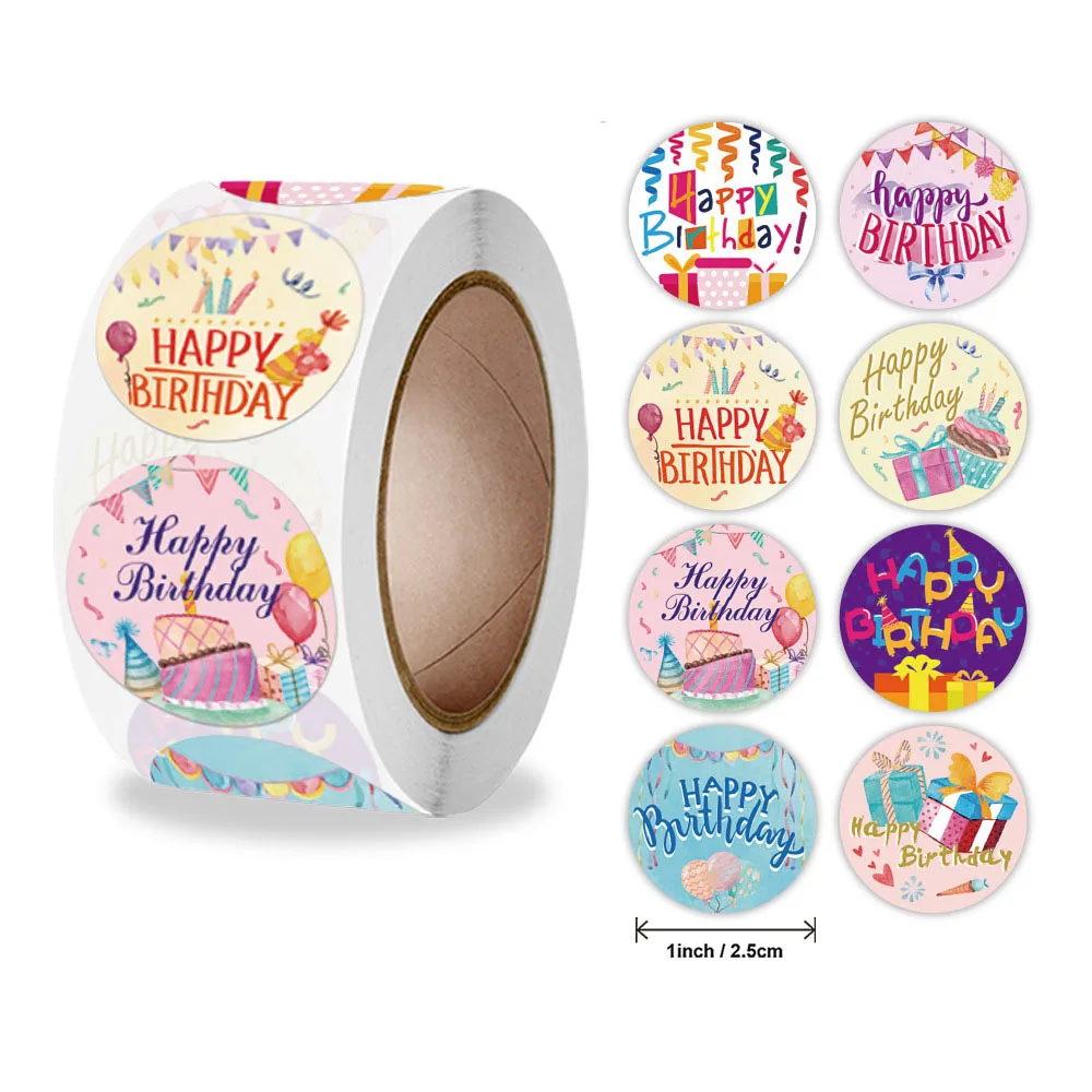 500Pcs Round Happy Birthday Stickers Adhesive Labels for Festival Baby Shower Party Decorative Envelope Seal Gift Wrapping paper