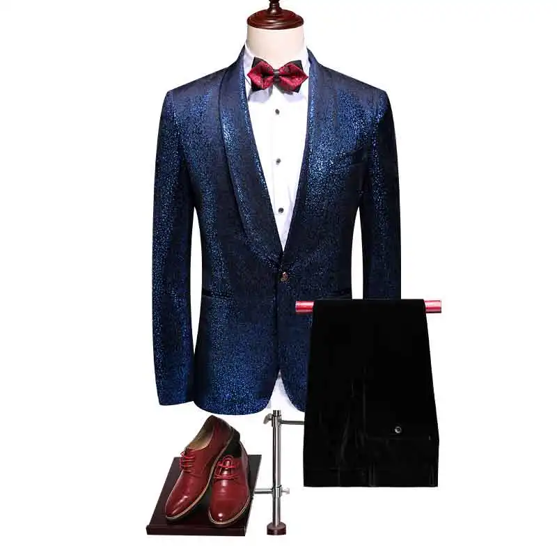 

wedding suits men 2019 Flannel bronzing blue shine slim fit casual marriage grooms plus size Dress Suit blazers pants 2 piece