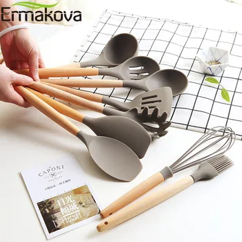 

ERMAKOVA Silicone Cooking Utensils Wooden Handle Non-Stick Spatula Spoon Turner Soup Ladle Whisk Kitchen Cooking Tools Gadget
