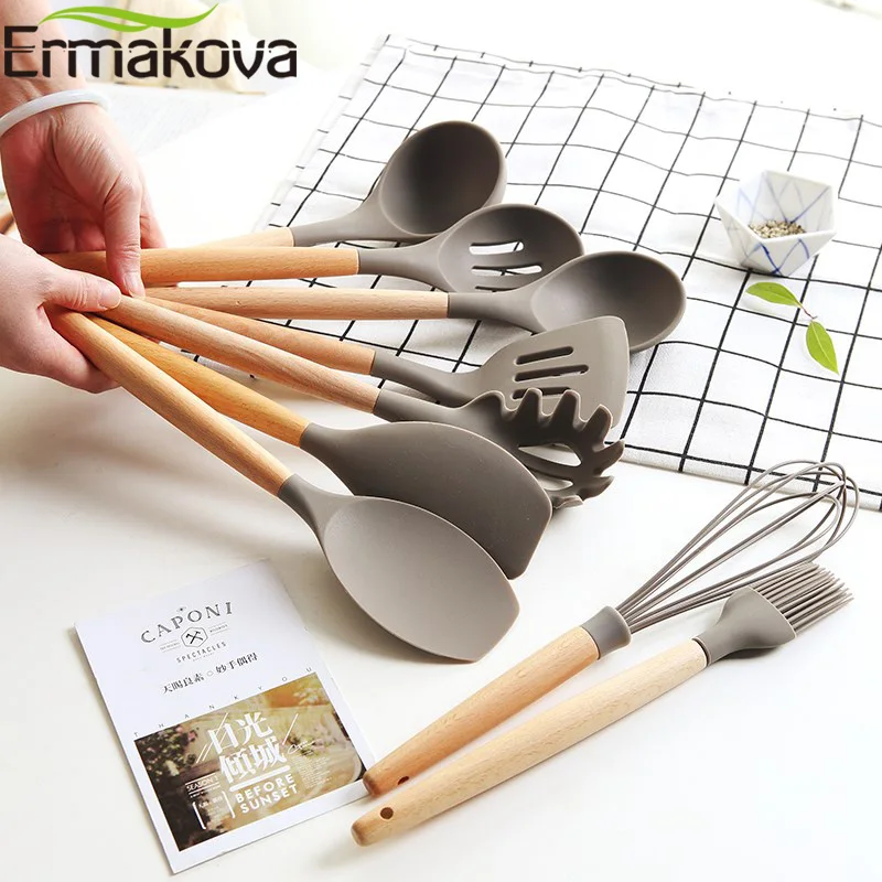 ERMAKOVA Silicone Cooking Utensils Wooden Handle Non-Stick Spatula
Spoon Turner Soup Ladle Whisk Kitchen Cooking Tools Gadget
