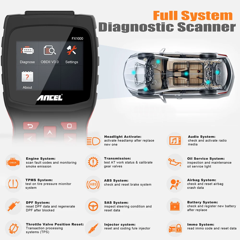 Автомобильный диагностический инструмент Ancel FX1000 Obd2 сканер ABS SRS DPF SAS EPB сброс