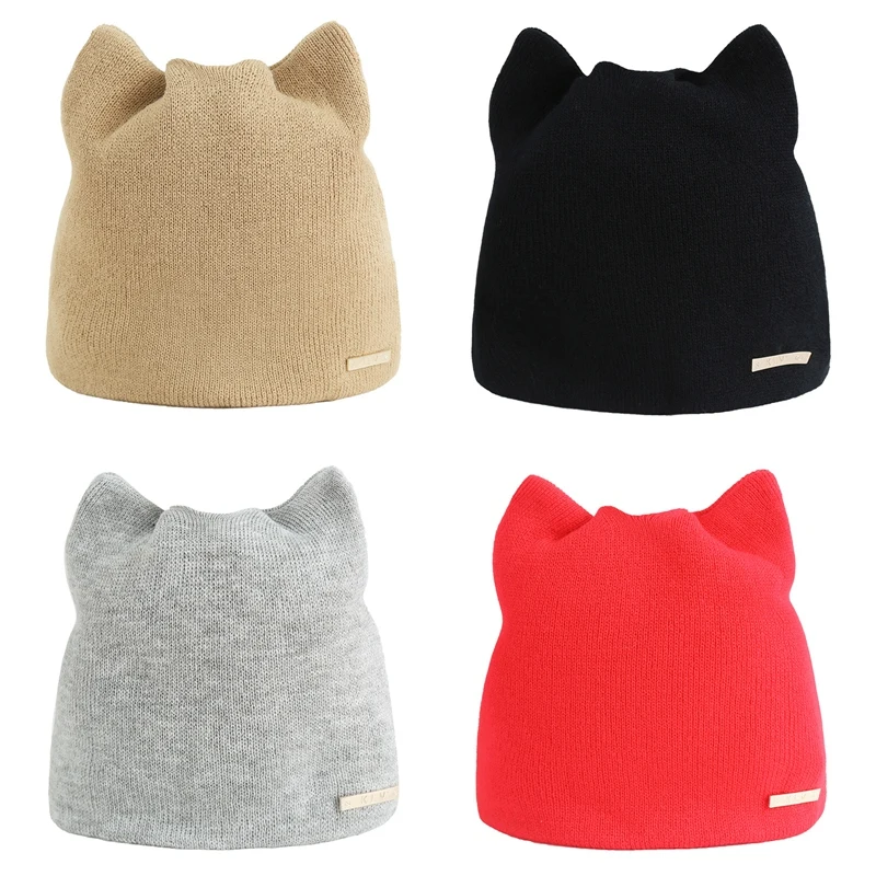 

Cat Ears Casual Beanies For Men Women Fashion Knitted Winter Hat Solid Color Beanie Hat Bonnet Unisex Cap