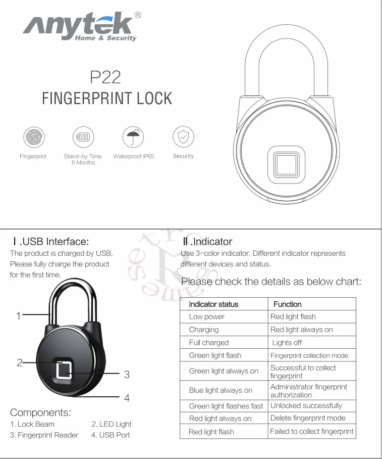 Anytek P22 Smart Keyless замок отпечатков пальцев IP66 Противоугонный замок безопасности Золотой безопасности без ключа USB Перезаряжаемый дверной замок