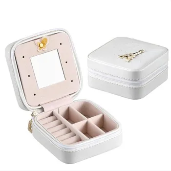 

Portable Jewelry Box Zipper Jewelry Organizer Display Travel Jewelry Case Boxes Leather Storage With looking glass for Girl Gift