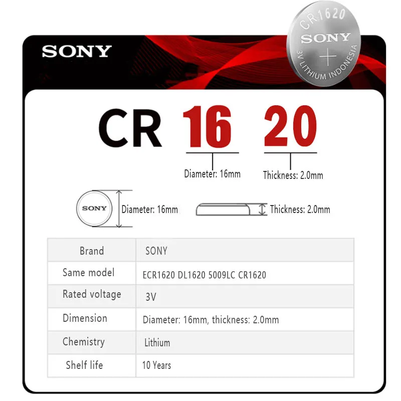 20 шт./лот sony CR1620 100% оригинальная литиевая батарея для автомобильных ключей часов
