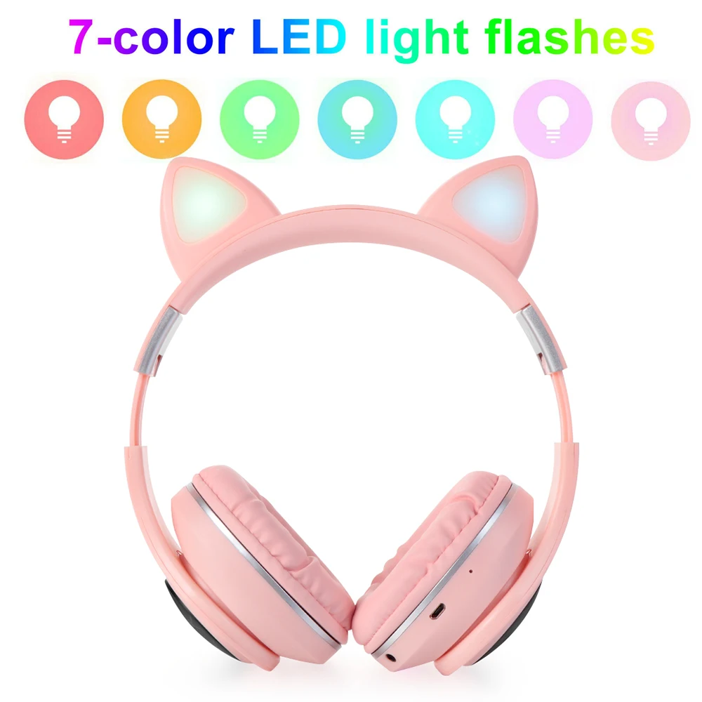 New Arrival LED Light Kawaii Cat Ear Rabbit Ear Noise Cancelling Bluetooth Wireless Headphones w Mic For Kids Girls