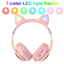 New Arrival LED Light Kawaii Cat Ear Rabbit Ear Noise Cancelling Bluetooth Wireless Headphones w Mic For Kids Girls