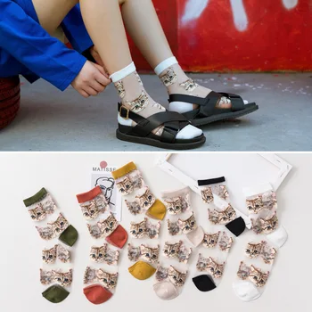 

Novelty Cute Cat Face Embroid Sheer Socks Women Mesh Tulle Ultra Funny Girls Animal Crew Socks Sale Crazy Loafer Socks Happy Pop