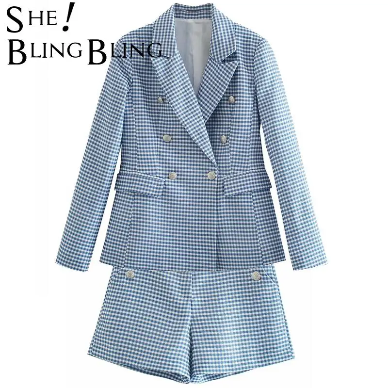 SheBlingBling México 2021 mujeres de doble Plaid chaqueta pata de gallo Blazer abrigo corto Vintage ropa femenina atuendos de moda conjuntos