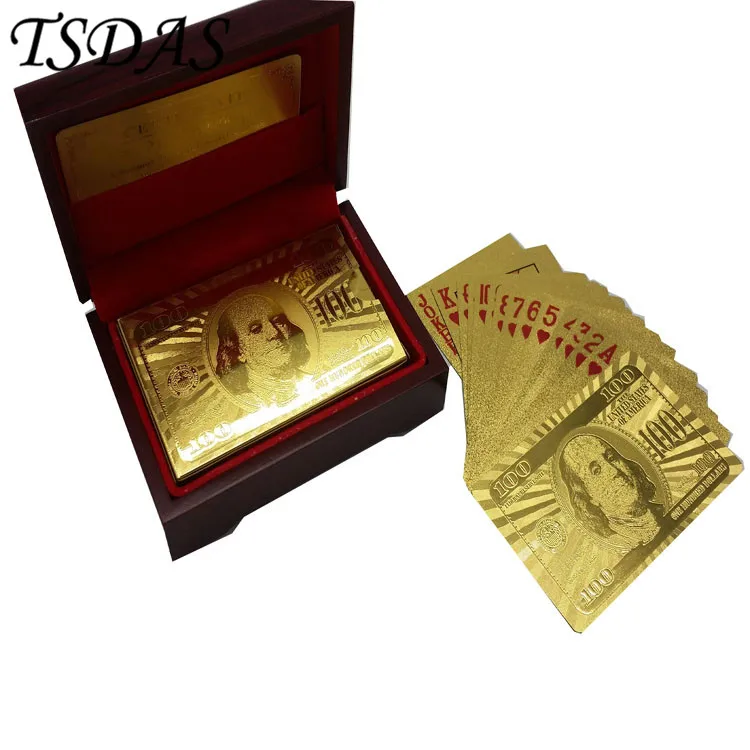 999.9 Gold Playing Cards Wholesale New 100 Dollar Style 24K Waterproof Poker with Red Wooden Case for Gifts | Дом и сад