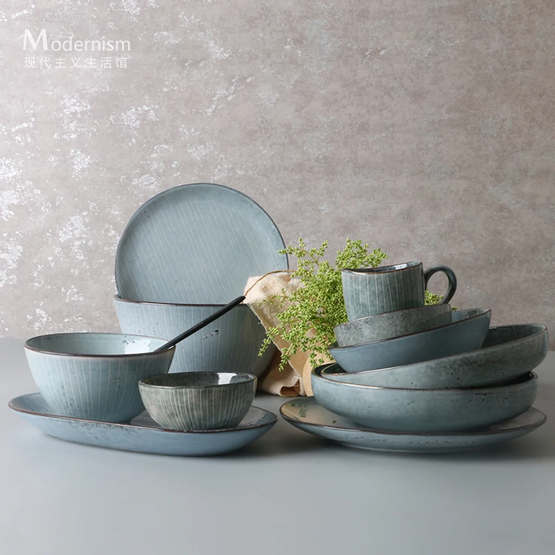 

Nordic Tableware Creative Ceramic Bowl Plate Cups and Saucers Retro Home Dining Plate Dish Plate Noodle Soup Bowl