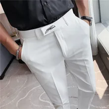 Fashion 2021 Business Formal Wear Men Dress Suits Pants Slim Fit Simple All Match Embroidery Office Trousers Black/White 36-29