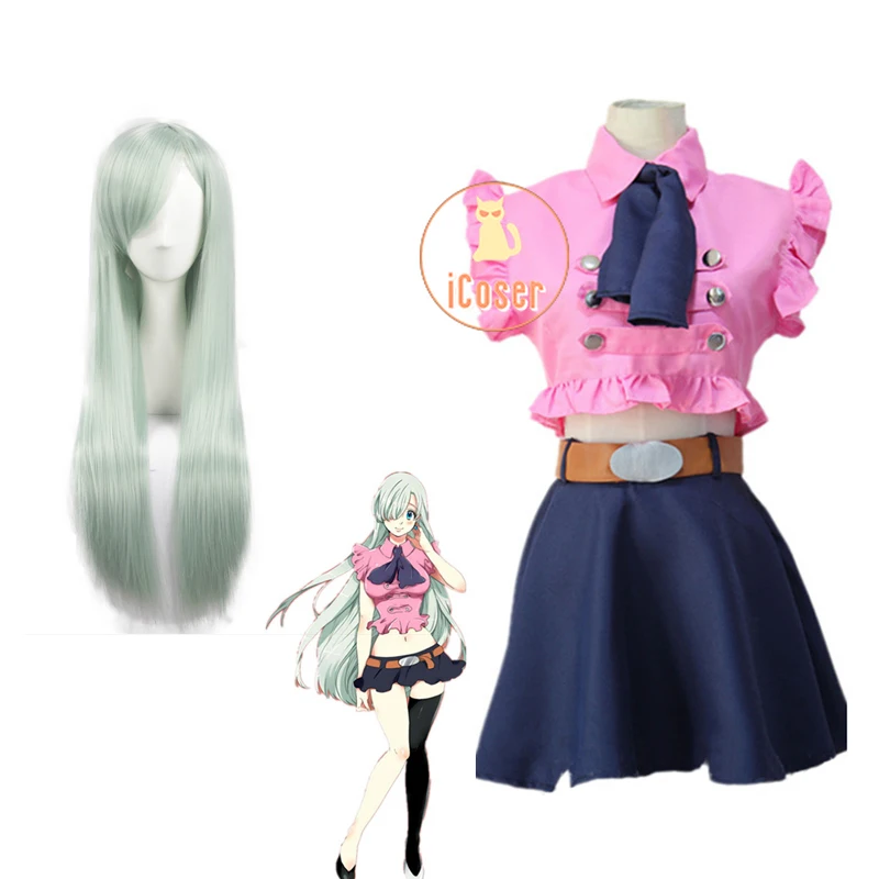 Anime Nanatsu no Taizai Princess Elizabeth Liones Cosplay Costume Green Wig Seven Deadly Sins Pink Skirt Set Role Play Outfit |