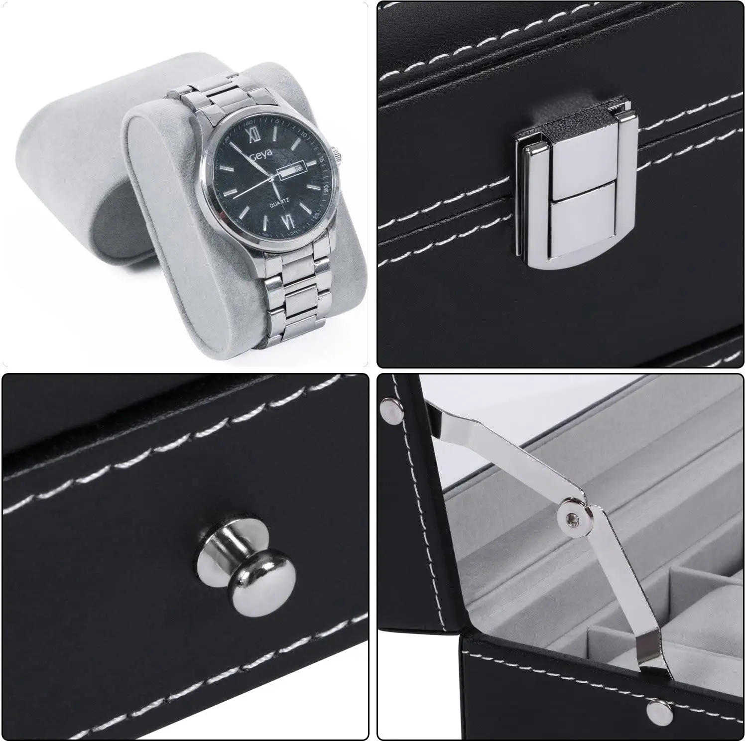 Watch Box Mens 12 Slots PU Leather Watch Case Organizer Jewelry Display Drawer Glass Top with Lock Black