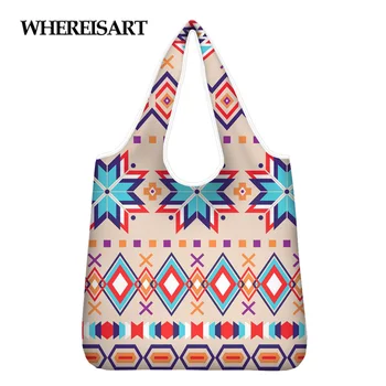 

WHEREISART Hot Fashion Eco Women Totes Shopping Bags Ethnic Tribe Pattern Printing Outdoor Shopper Grocery Bags Sac Mujer