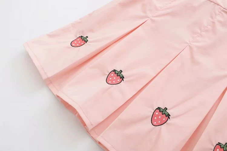 Merry Pretty/женские розовые плиссированные юбки из хлопка с вышивкой клубники, милые Стильные мини юбки с высокой талией и шнуровкой для девочек