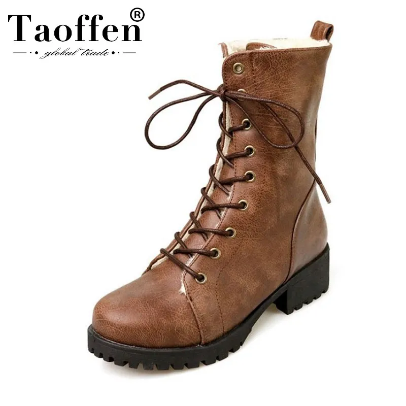 Женские ботинки до середины икры TAOFFEN теплые на шнурках с Плюшевым Мехом каждый