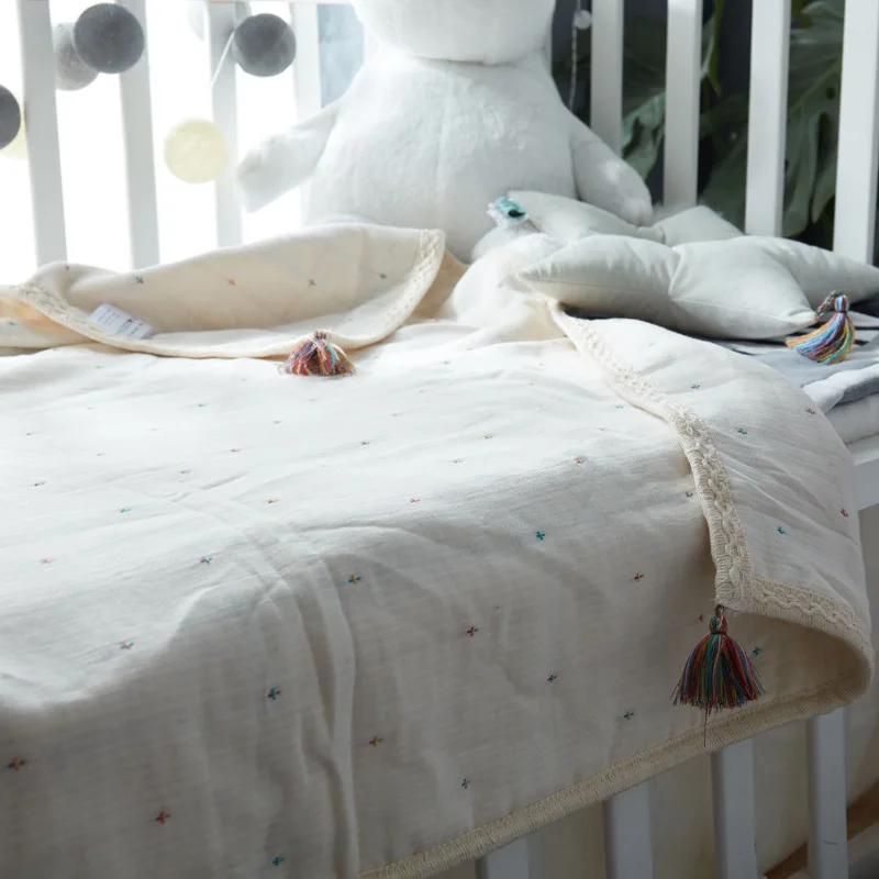 Japanese Muslin Children's Quilt with Tassels Korean Natural Cotton Gauze Baby Summer Blanket Boho Kids Baby Comforter Bed Cover