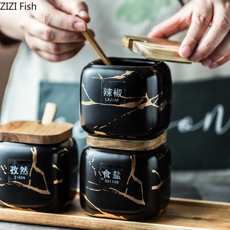 Marble Pattern Ceramic Kitchen Seasoning Tank Set Wooden Cover Sugar Salt Storage Tank Salt Shaker Spice Jar Kitchen Accessories