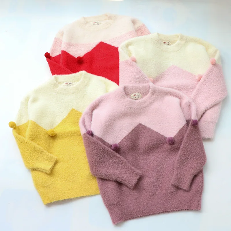 Детский пуловер; вязаная рубашка; плотные теплые Топы смешанных цветов для малышей; сезон осень-зима; корейский стиль; Водонепроницаемые топы из кашемира и норки для девочек