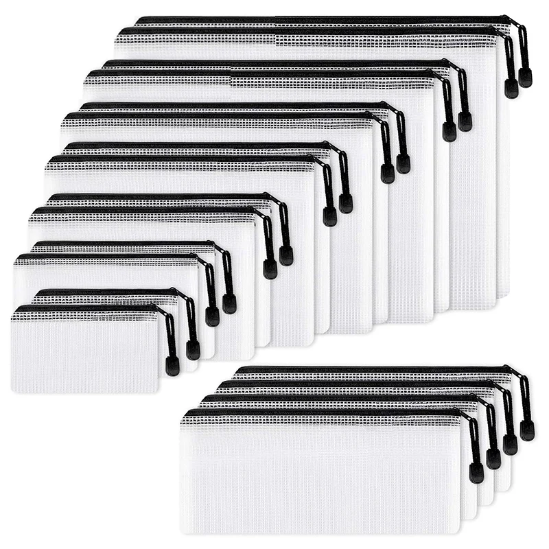 18pcs Mesh Zipper Pouch Document Bag, 8 Assorted Size, Waterproof Plastic Zip File Folders