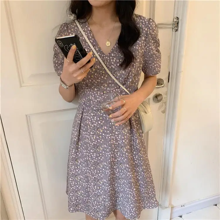 Dress Women Summer Purple High Waist Midi Elegant Floral Sweet V-neck Short Sleeve Slim Trendy Casual Daily Female Ruffled Chic